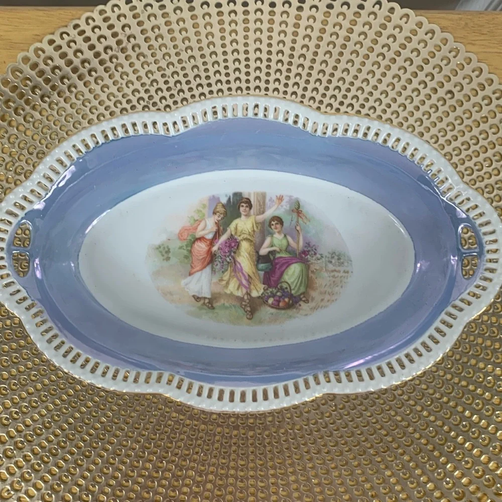 Vintage Bavaria Schumann Oval Serving Bowl 11.5” 3 Women Goddesses Open Edge